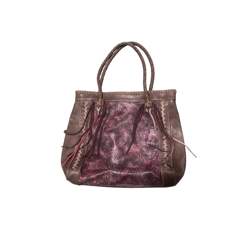 Montana West Western Floral Embossed Fringe Tote Bag Brown Burgundy Studded